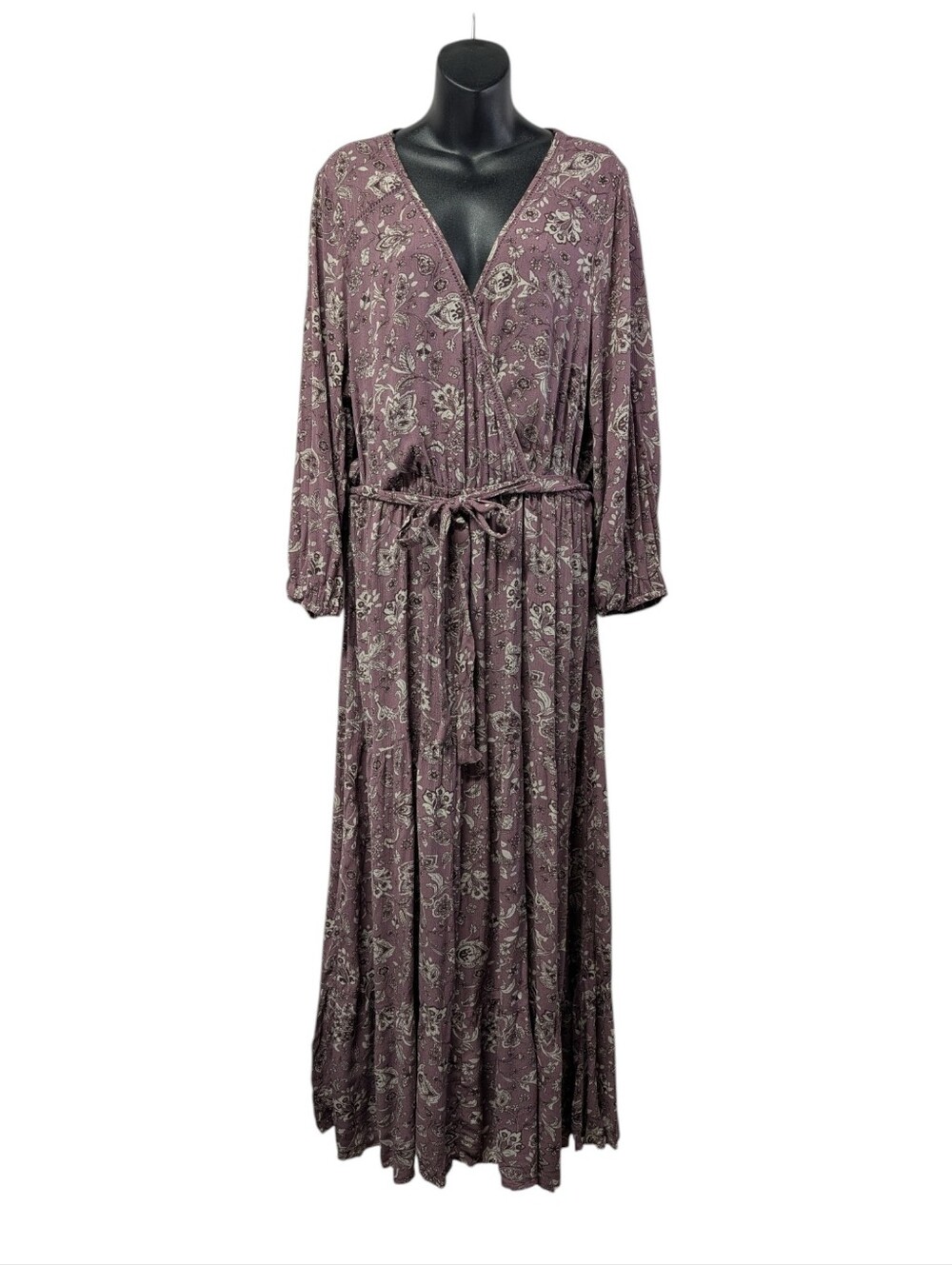 Knox Rose Purple Floral Paisley Maxi Dress Women's XL Long Sleeve V-Neck Belted